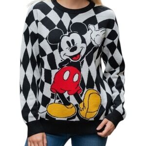 Disney Mickey Mouse Sweater Black White Harlequin Retro Style Pullover Women's L